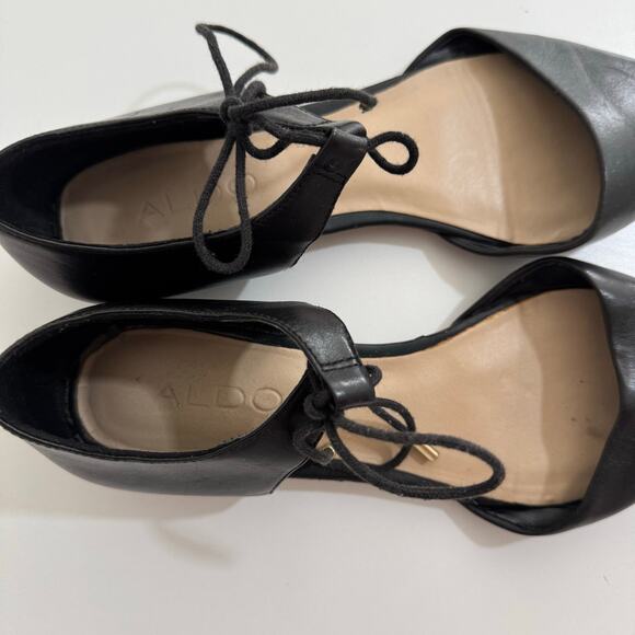 Aldo Black Leather Ankle Strap Pointed Toe Ballet Flats Size 7 - Picture 5 of 9